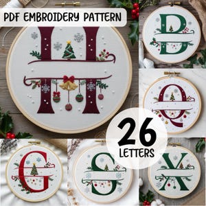 May include: A collection of Christmas-themed embroidery patterns, each featuring a letter of the alphabet. The letters are in red and green, with festive embellishments like snowflakes, bells, and a Christmas tree. The text "PDF EMBROIDERY PATTERN" and "26 LETTERS" are also visible.