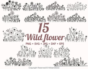 Flores silvestres SVG, naturaleza SVG, marco floral SVG, flores silvestres SVG, ramo SVG, floral SVG, monograma dividido SVG, boceto de flor SVG Por Solo Wild
