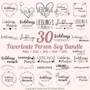 Puede incluir: Un conjunto de 30 archivos de corte SVG en blanco y negro con la frase alemana "Lieblings Mensch", que se traduce como "Persona favorita". Los diseños incluyen varias formas de corazón, corona y pancarta.
