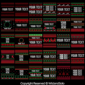 Könnte beinhalten: Eine Sammlung von Weihnachtspullover-Designs mit roten und grünen Mustern auf schwarzem Hintergrund. Jedes Design enthält den Text "YOUR TEXT" in Weiß, mit festlichen Motiven wie Bäumen, Rentieren und Schneeflocken. Ideal für Weihnachtsbekleidung.