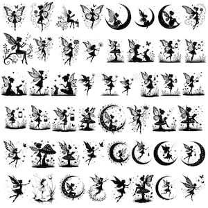 May include: A collection of black and white fairy illustrations. The fairies are depicted with butterfly wings, some sitting on moons, mushrooms, or flowers. Some are holding lanterns or interacting with butterflies and rabbits.
