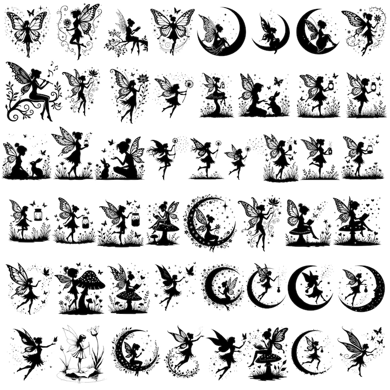 May include: A collection of black and white fairy illustrations. The fairies are depicted with butterfly wings, some sitting on moons, mushrooms, or flowers. Some are holding lanterns or interacting with butterflies and rabbits.