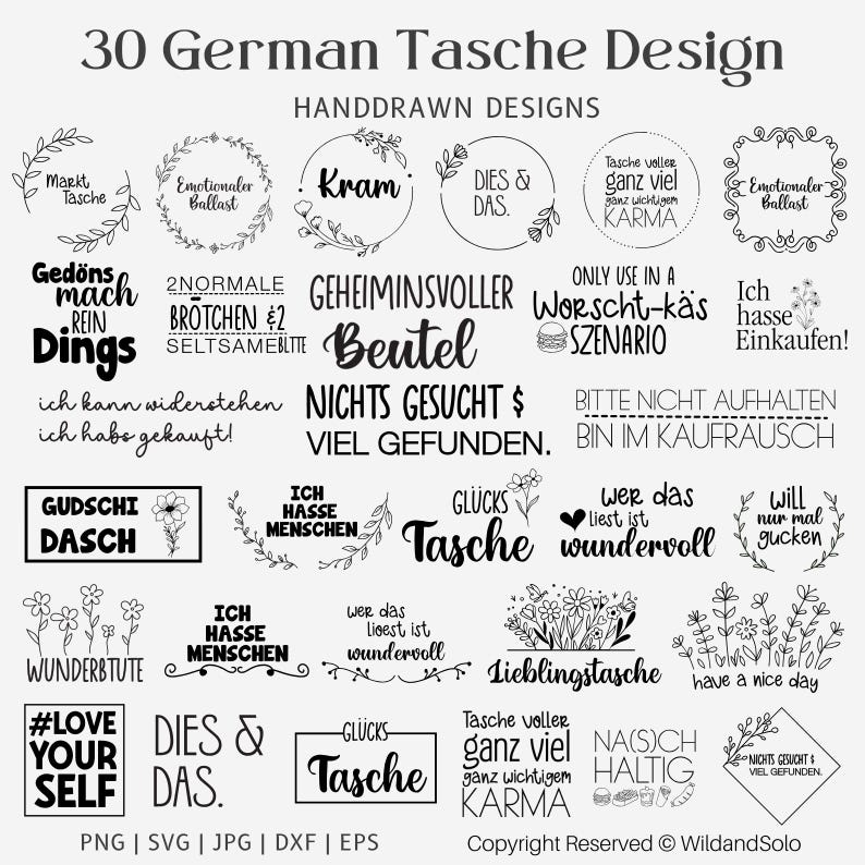 Op de afbeelding: Een zwart-witte illustratieset van 30 Duitse zinnen met betrekking tot tassen en winkelen. De zinnen omvatten "Tasche voller Karma", "Worscht-k&auml;s Szenario", "Ich hasse Einkaufen!" en "Lieblingstasche".