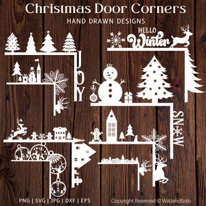 May include: White Christmas door corner designs with various holiday themes, including trees, snowmen, snowflakes, and reindeer. The text "Christmas Door Corners" and "Hello Winter" are visible.