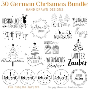 Peut inclure: Ensemble de 30 motifs de Noël allemands dessinés à la main en noir et blanc. Les motifs comprennent des phrases festives, des arbres de Noël, des boîtes cadeaux et des cercles de calendrier de l'Avent. Le texte comprend "Winter Wonderland" et "Advent Zauber."