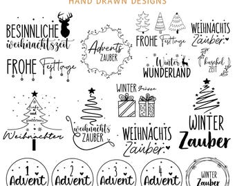 Op de afbeelding: Een verzameling van 30 handgetekende Duitse kerstontwerpen in zwart en wit. De ontwerpen omvatten feestelijke zinnen, kerstbomen, geschenkdozen en adventskalender cirkels. Tekst bevat "Winter Wonderland" en "Advent Zauber."