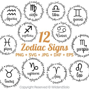 Pacchetto SVG dei segni zodiacali, simboli zodiacali in formato SVG, oroscopo, segni astrologici in formato SVG, segno zodiacale in formato SVG, informazioni nutrizionali dello zodiaco in formato SVG, astrologia