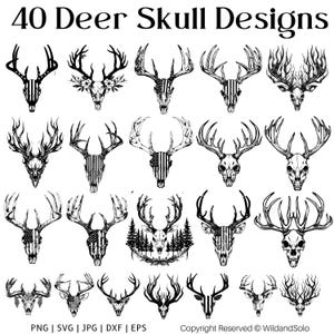 Puede incluir: Una colección de 40 diseños de calaveras de ciervo en blanco y negro. Los diseños varían, algunos con la bandera estadounidense, elementos florales o patrones intrincados. El texto "40 Deer Skull Designs" está en la parte superior. La imagen incluye información sobre el tipo de archivo.
