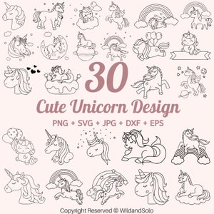 Könnte beinhalten: Ein Set mit 30 Schwarzweiß-Linienzeichnungen von Einhörnern. Die Illustrationen zeigen Einhörner in verschiedenen Posen, darunter stehend, laufend, schlafend und fliegend. Die Illustrationen sind perfekt für die Verwendung in Bastelprojekten, Scrapbooking und digitalem Design.