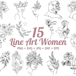 15 bloemen in haar svg, lijntekeningen vrouwen SVG-bundel, gezichten vrouw bloemen lijntekeningen SVG, gesneden bestanden voor de Cricut, lijntekeningen gezicht svg, home decor svg