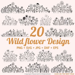 Flores silvestres SVG, Buquê SVG, Desenho de flores SVG, Floral SVG, Natureza SVG, Flor silvestre SVG, Moldura floral SVG, Monograma dividido SVG Por Solo Wild