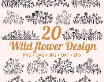 Flores silvestres SVG, Ramo SVG, Boceto de flores SVG, Floral SVG, Naturaleza SVG, Flor silvestre SVG, Marco floral SVG, Monograma dividido SVG Por Solo Wild