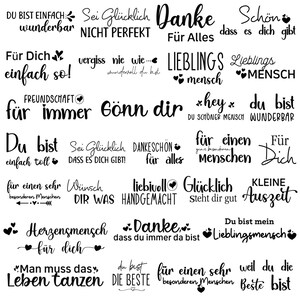 May include: A collection of black script phrases and words, including "Danke", "Lieblingsmensch", and "Du bist einfach toll", with heart-shaped accents. The words are arranged in a visually appealing layout.