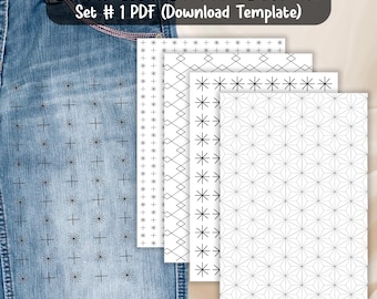 Set Stick and Stitch Sashiko Pattern, Embroidery Patterns, Clothing repair patterns, Sashiko Embroidery, Hand stitched sashiko