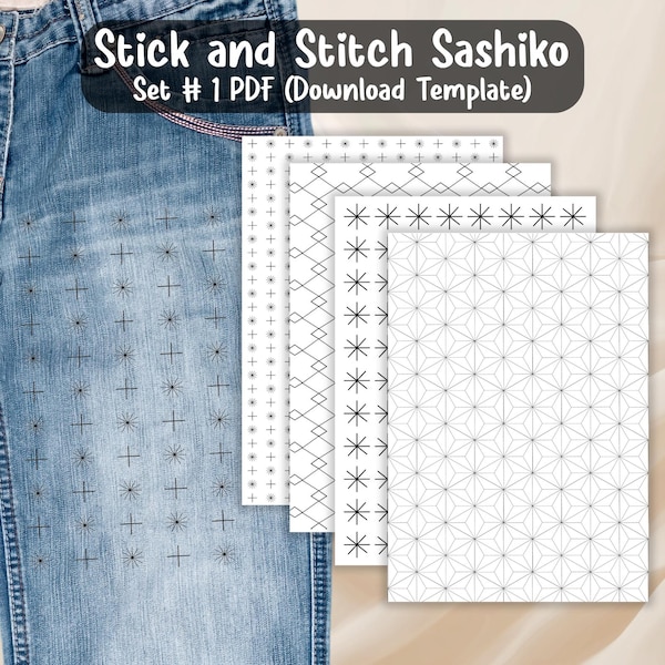 Set Stick and Stitch Sashiko Pattern, Embroidery Patterns, Clothing repair patterns, Sashiko Embroidery, Hand stitched sashiko