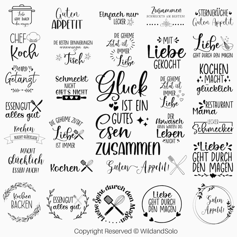 May include: Black and white printable kitchen signs with various sayings about cooking and food. The signs include phrases like "Love goes through the stomach", "Cooking makes happy", and "Good luck is a good meal together".