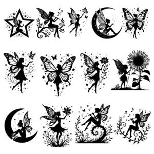 May include: A collection of black and white fairy silhouettes. The fairies are depicted with butterfly wings, some playing instruments, holding flowers, or interacting with butterflies. Some are set against stars, moons, and a sunflower.