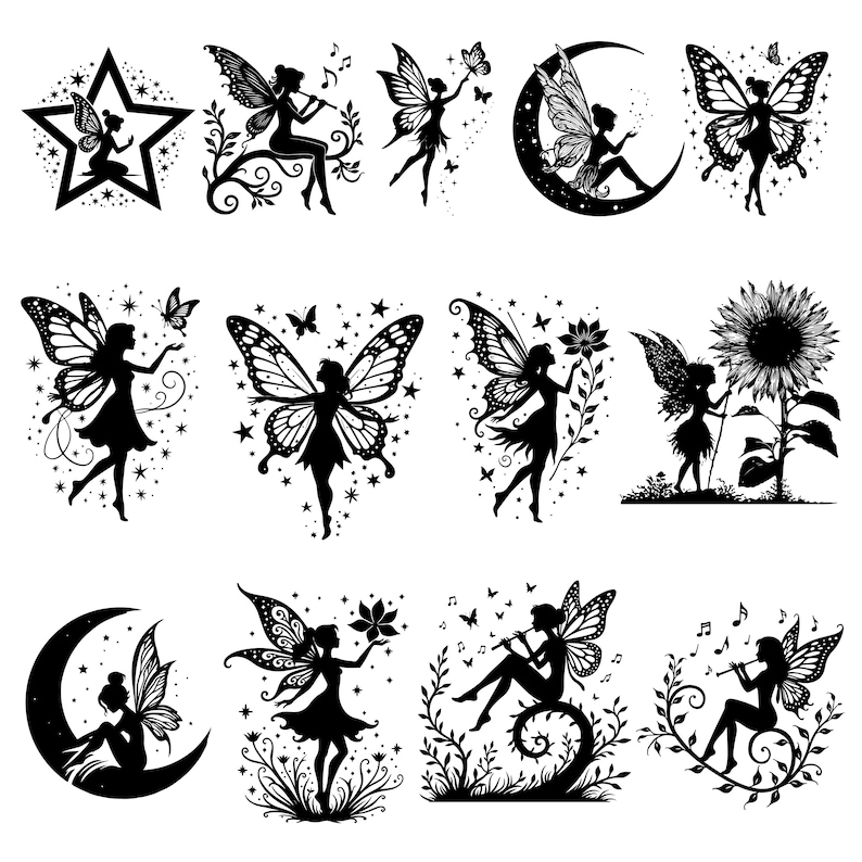 May include: A collection of black and white fairy silhouettes. The fairies are depicted with butterfly wings, some playing instruments, holding flowers, or interacting with butterflies. Some are set against stars, moons, and a sunflower.