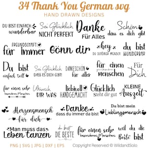 May include: A collection of 34 black and white hand-drawn thank you phrases in German. The phrases include "Danke f&uuml;r alles", "Sei Gl&uuml;cklich", "Du bist einfach wunderbar", "G&ouml;nn dir", "F&uuml;r einen Menschen", "Lieblingsmensch", "Kleinen Auszeit", "W&uuml;nsch dir was", "Man muss das Leben tanzen", and more.