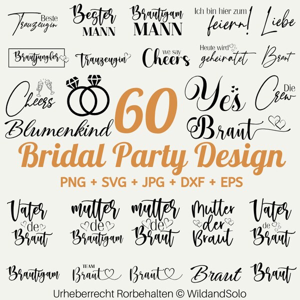 60 Bridal party svg bundle, Brautjungfern SVG Geschenk, Trauzeugin SVG, Verlobungs Party SVG, Hen Party Svg, Braut svg, Brautjungfern svg