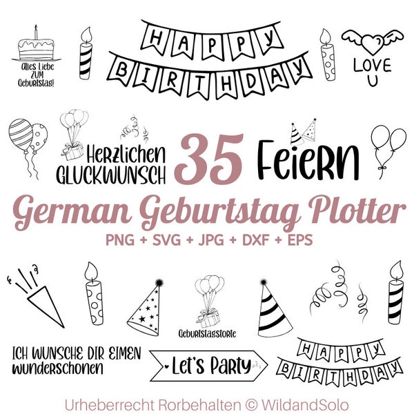 35 Geburtstag Plotterdatei svg Bundle, Birthday Plotter File, Alles Gute zum Geburtstag svg, Geburtstagskind svg, Kuchen svg, Wünsche Svg