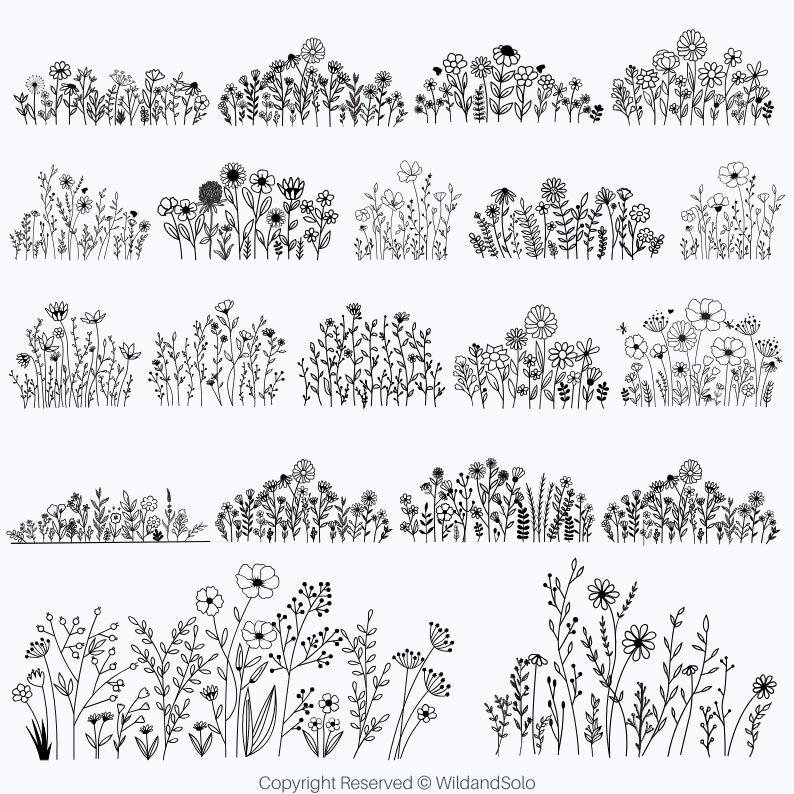 Op de afbeelding: Een set van 10 zwart-wit illustraties van verschillende wilde bloemenarrangementen. De illustraties zijn met de hand getekend en tonen verschillende soorten bloemen en bladeren.