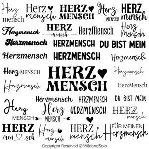 May include: A collection of black and white typography designs featuring the German words "Herz" (heart) and "Mensch" (human) in various combinations and styles. The designs include phrases like "Herz Mensch", "Herzmenschen", and "Du bist mein Herzmensch".