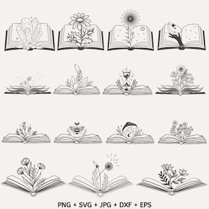 Könnte beinhalten: Ein Set mit 12 Schwarzweißillustrationen von geöffneten Büchern mit verschiedenen magischen Elementen, darunter Blumen, Kristalle, eine Biene, ein Pilz, eine Feder und eine Sanduhr. Die Illustrationen eignen sich perfekt für die Verwendung in der Handwerkskunst, im Scrapbooking oder im digitalen Design.