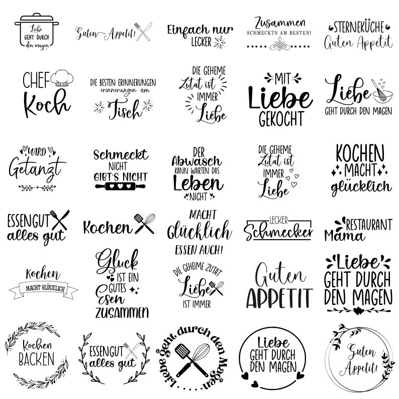 May include: A collection of 20 black and white illustrations with text about cooking and food. The text includes phrases like "Love goes through the stomach", "Cooking makes you happy", and "Simple, just delicious".