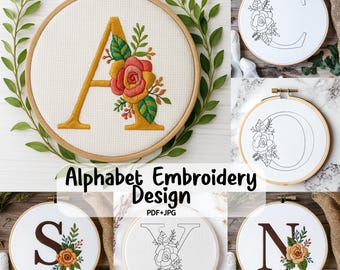 Floral Alphabet Embroidery Pattern, 26 Flower Letter Embroidery PDF, Hand Embroidery Alphabet, Hand Stitched Alphabet Digital Download