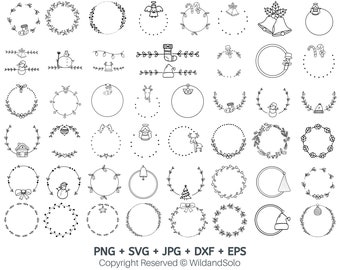 May include: A set of 48 black and white Christmas wreath and frame illustrations. The illustrations feature various Christmas themes, including wreaths, frames, ornaments, bells, candy canes, snowmen, and reindeer.
