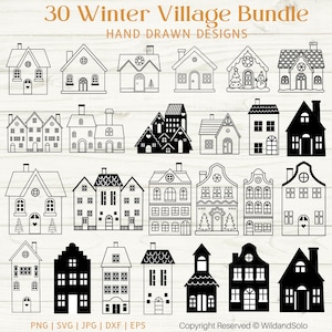 May include: A collection of 30 hand-drawn winter village designs in black and white. The designs include various house styles with windows, doors, and chimneys. The text "30 Winter Village Bundle" and "Hand Drawn Designs" is displayed at the top.
