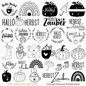 Puede incluir: Un conjunto de ilustraciones en blanco y negro con temas otoñales. Las ilustraciones incluyen calabazas, hojas, arcoíris y texto en alemán que dice "Hallo Herbst" y "Herbstzauber".