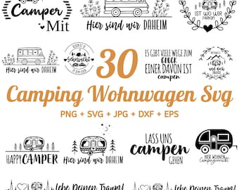 Peut inclure: Un ensemble de 30 designs SVG sur le thème du camping en noir et blanc mettant en scène des camping-cars, des montagnes, des arbres et du texte. Le texte comprend des phrases comme "Happy Camper", "Hier sind wir Daheim" et "Lass uns campen gehen".