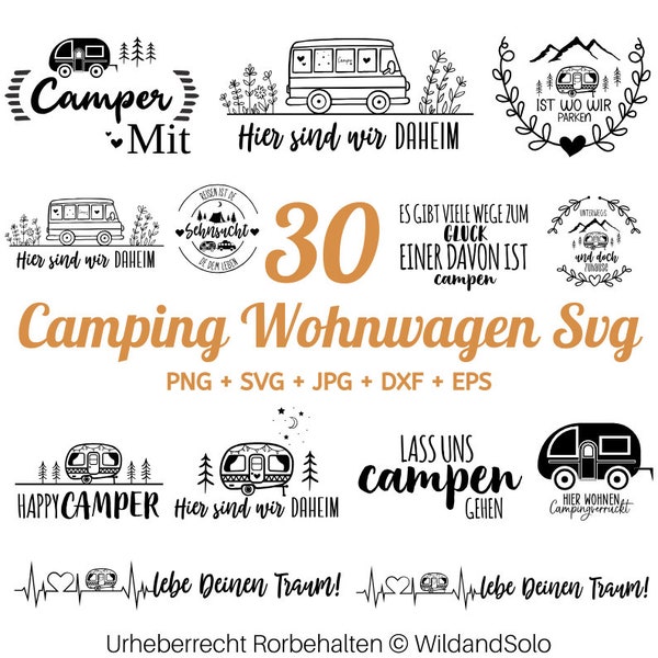 30 Plotterdatei Camping Wohnwagen SVG Bundle, Digistamp Camping, Plotterdatei Wohnmobil, Glücklicher Camper svg, Digstamp Wohnwagen