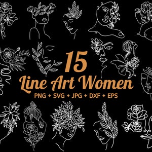 15 Blumen im Haar svg, Gesichter Frau Floral Line Art SVG, Schnittdateien für Cricut, Line Art Frauen SVG Bundle, Line Art Gesicht svg, Wohnkultur svg