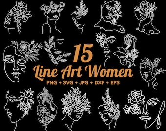 15 Flowers in hair svg, Faces Woman Floral Line Art SVG, Cut Files for Cricut, Line Art Women SVG Bundle, Line Art face svg, home decor svg