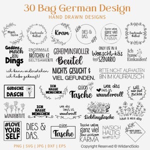 Może przedstawiać: Kolekcja 30 niemieckich wzorów toreb z ręcznie rysowanymi ilustracjami i tekstem. Projekty zawierają frazy takie jak "Gudsch Dasch", "Glücks Tasche" i "Lieblingstasche", a także elementy kwiatowe i dekoracyjne. Obraz zawiera również tekst "30 Bag German Design" i "Hand Drawn Designs".