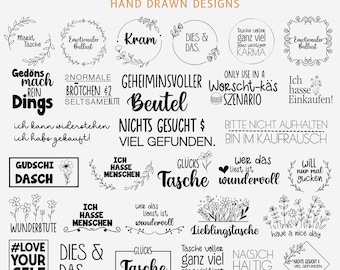 May include: A collection of 30 German-themed bag designs with hand-drawn illustrations and text. The designs include phrases like "Gudsch Dasch", "Glücks Tasche", and "Lieblingstasche", along with floral and decorative elements. The image also includes the text "30 Bag German Design" and "Hand Drawn Designs".