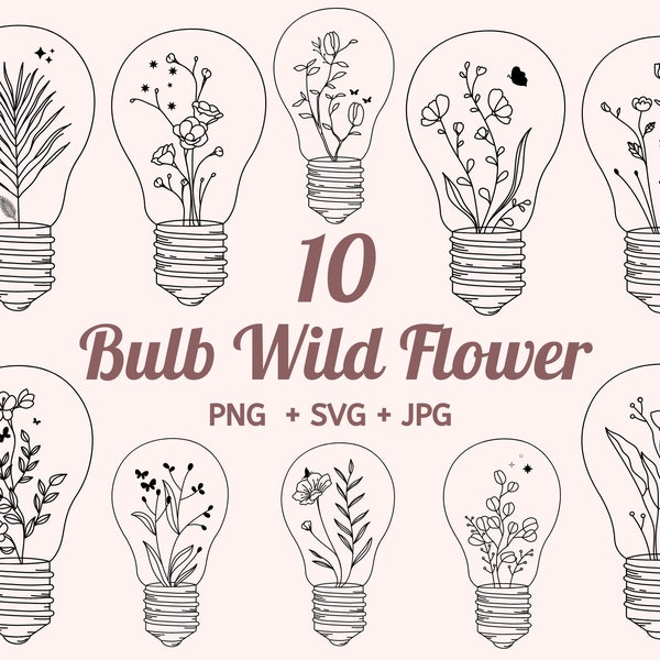 Floral Lightbulb SVG, Flower lamp Svg, wildflower svg, flower sketch svg, nature svg, Split monogram svg, Flower Light Vector,