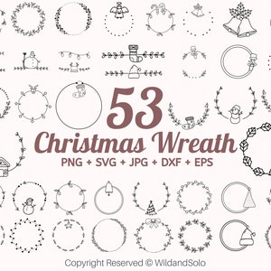 以下が含まれることがあります： 白黒のクリスマスリースのイラスト53点セット。リースは、ホーリー、ベル、キャンディーケーン、オーナメントなど、さまざまなクリスマスの要素で飾られています。リースの下には、「Christmas Wreath」と「PNG + SVG + JPG + DXF + EPS」のテキストが表示されています。