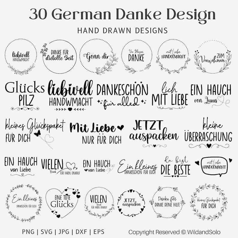 K&ouml;nnte beinhalten: Ein Set mit 30 handgezeichneten deutschen Dankesch&ouml;n-Designs in Schwarzwei&szlig;. Die Designs zeigen verschiedene Spr&uuml;che und Illustrationen, darunter Herzen, Blumen und Schmetterlinge. Die Designs sind perfekt, um personalisierte Dankeskarten, Geschenke oder Dekorationen zu erstellen.