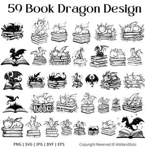 Conception de livre Dragon SVG, Clipart lecture Dragon, lot de SVG pour les amateurs de livres, rat de bibliothèque Dragon SVG, lecture de fichiers coupés Dragon,