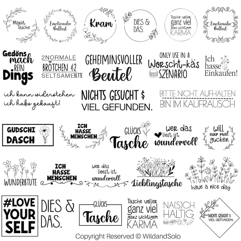 K&ouml;nnte beinhalten: Schwarz-wei&szlig;e Illustrationen mit verschiedenen Spr&uuml;chen und Designs, darunter "Ged&ouml;ns mach rein Dings", "Worscht-k&auml;s Szenario", "Lieblingstasche", "#LOVE YOUR SELF" und "GUDSCHI DASCH".