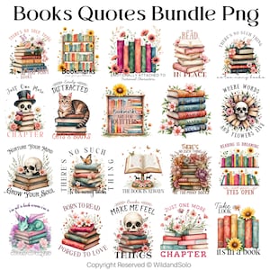 May include: A set of watercolour illustrations showcasing stacks of books, flowers, skulls, and quotes. The images include phrases such as "There's no such thing as too many books" and "Bookmarks are for quitters."