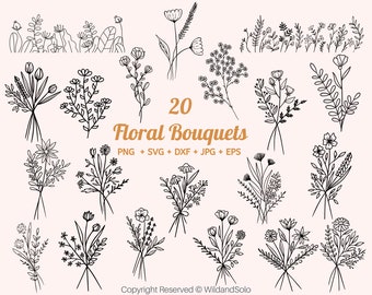 Buquê de flores em SVG, SVG botânico, Buquê em SVG, Buquê de flores em SVG, Flor silvestre em SVG, Planta de campo em SVG, Flor em PNG desenhada à mão, Flor em SVG