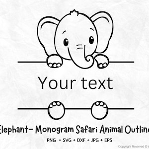 Elefant Split Safari Tiere, Safari Tiere Umriss, Safari Tier Monogramm, Name Rahmen svg, Studenten Namensschild, Schule Klassenzimmer Etikett Kinder