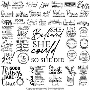 Pacchetto di 40 affermazioni femminili SVG, Lei sono io SVG, Pacchetto di emancipazione femminile, SVG motivazionale per le donne, Citazioni positive, Citazioni di ragazze SVG
