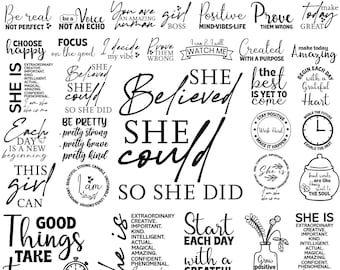 40 vrouw bevestiging SVG bundel, She is me SVG, vrouwen empowerment bundel, inspirerende Svg voor vrouwen, positieve citaten, meisje citaten Svg