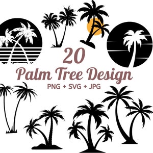 May include: A set of 20 black and white palm tree designs. The designs are in various styles, including simple silhouettes, detailed illustrations, and palm trees with a sunset background. The text "20 Palm Tree Design PNG + SVG + JPG" is included in the image.